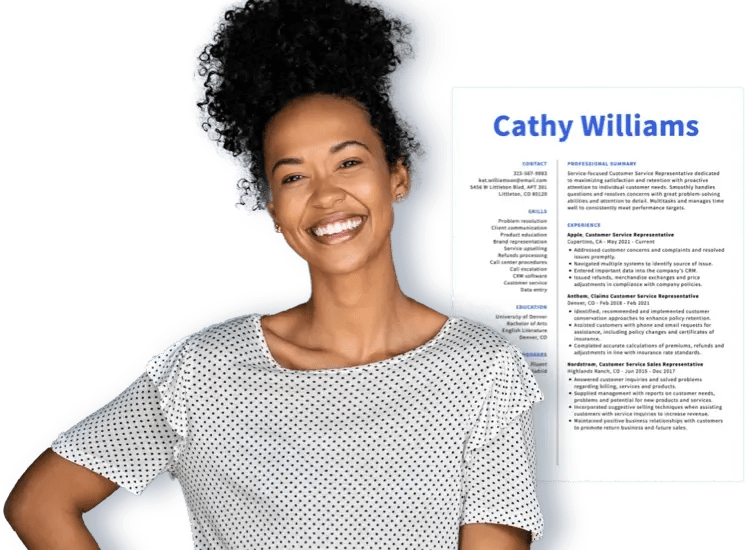 Smiling woman next to her CV built from our CV examples.