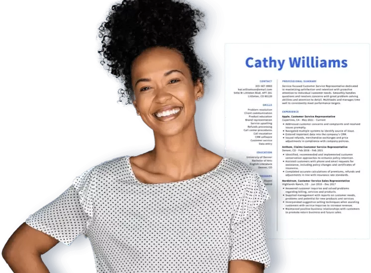 Smiling woman next to her CV built from our CV examples.