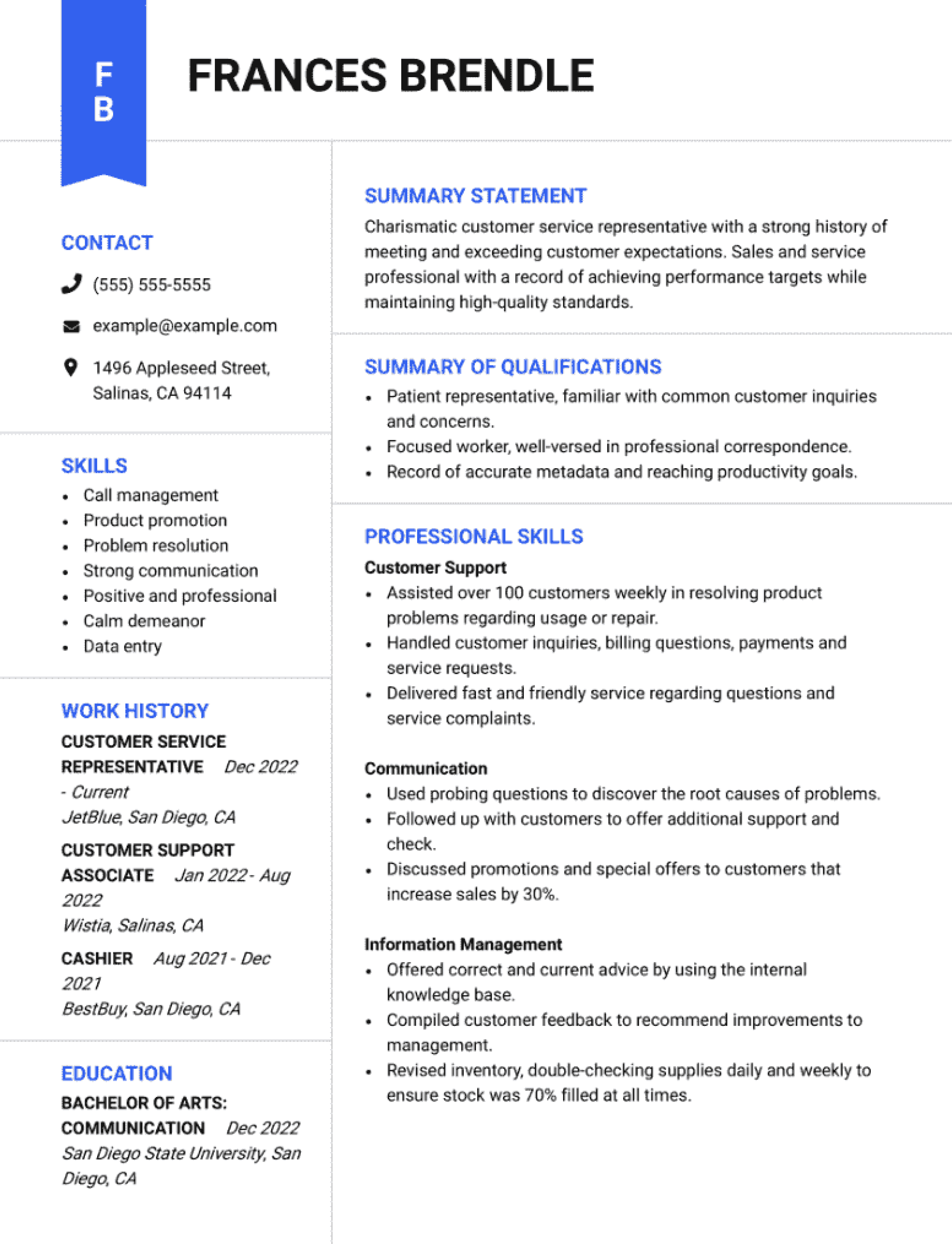 Customer service resume example