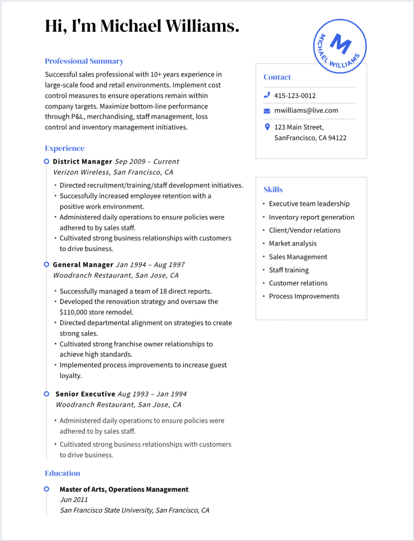 Sales resume example