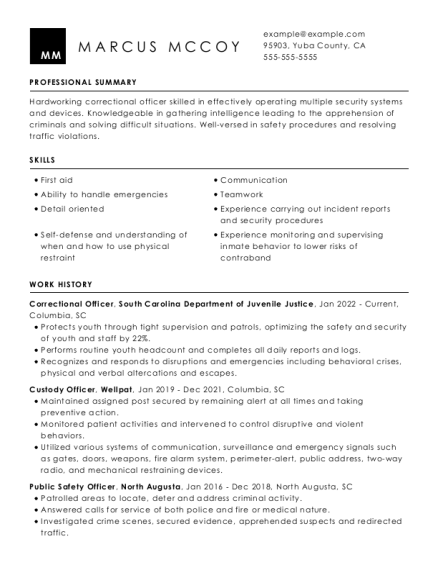 Crrectional officer resume example