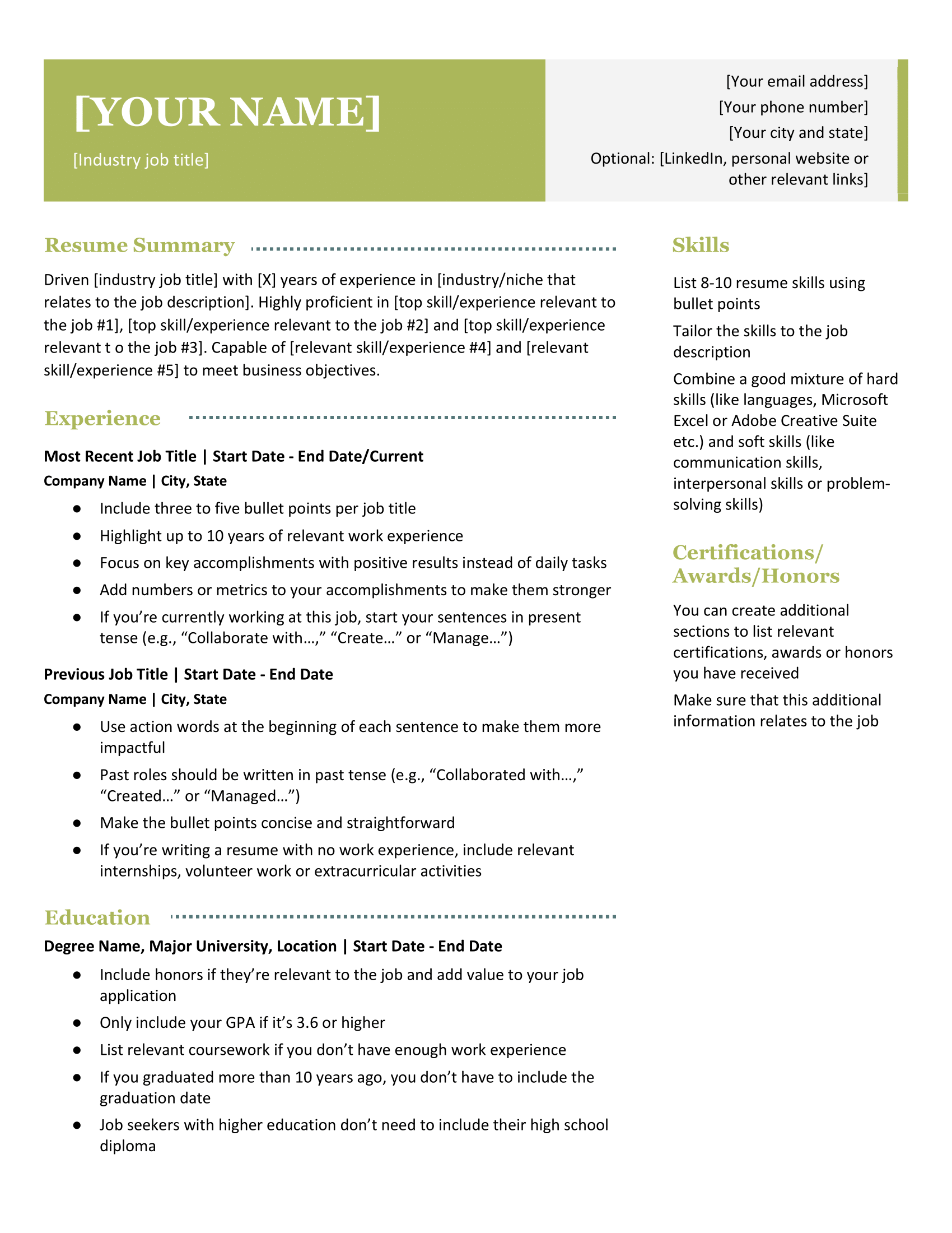 Free resume template pristine