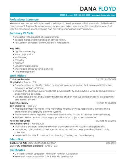 Nanny resume example