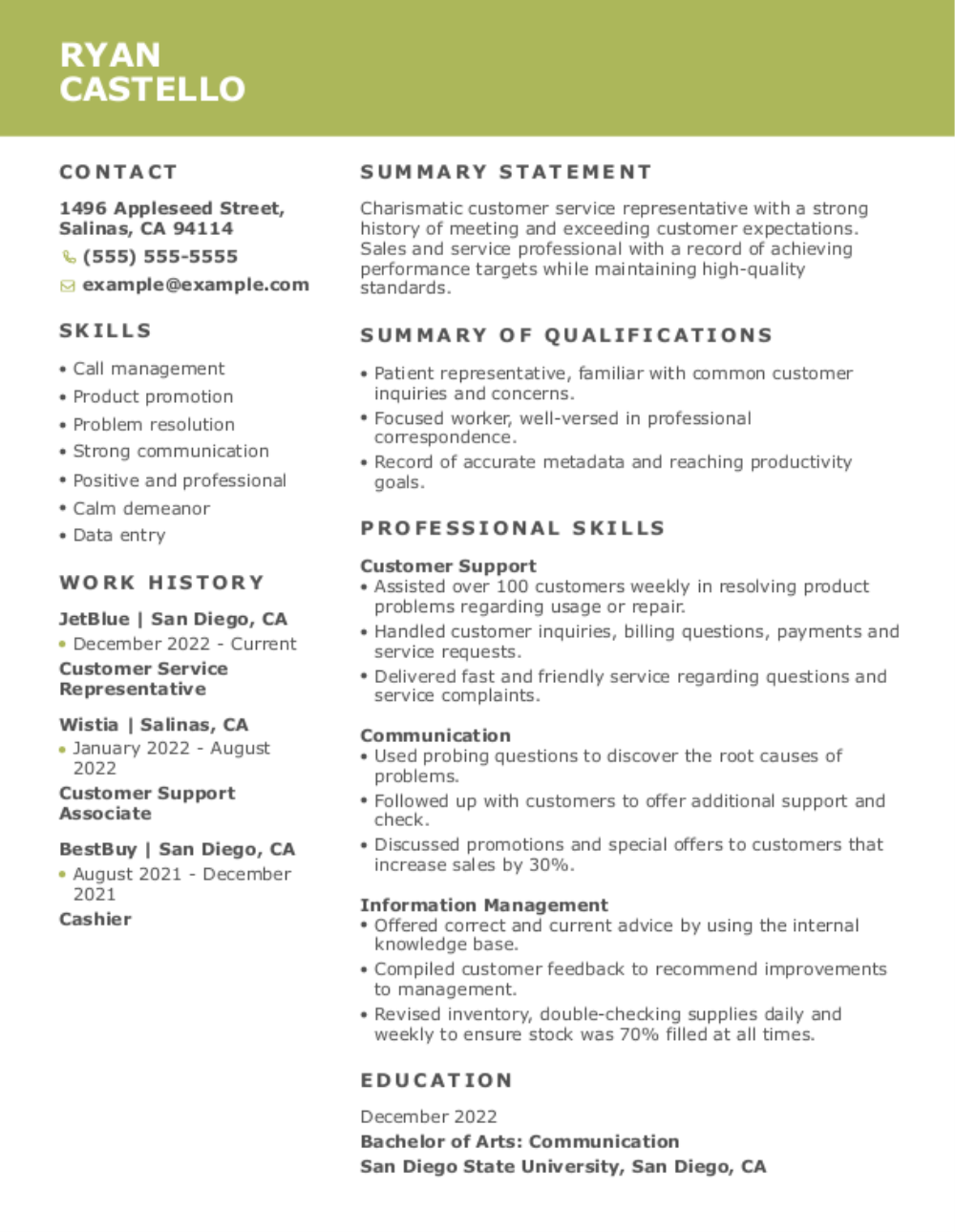 Customer service representative resume example