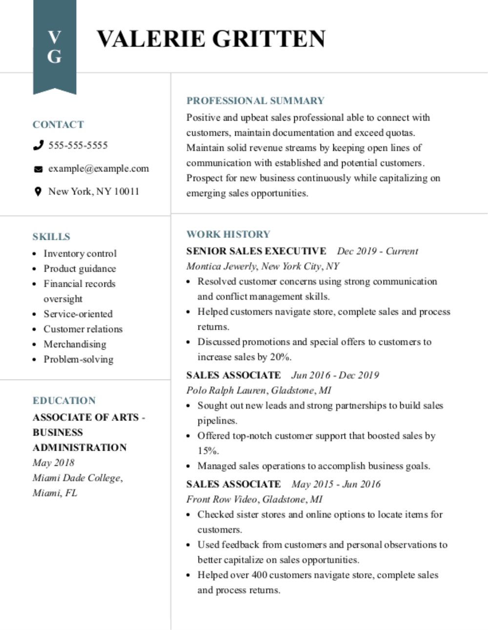 Sales associate resume example