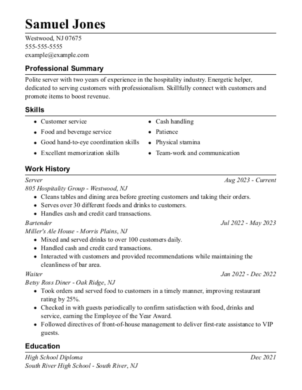 Bar manager resume example