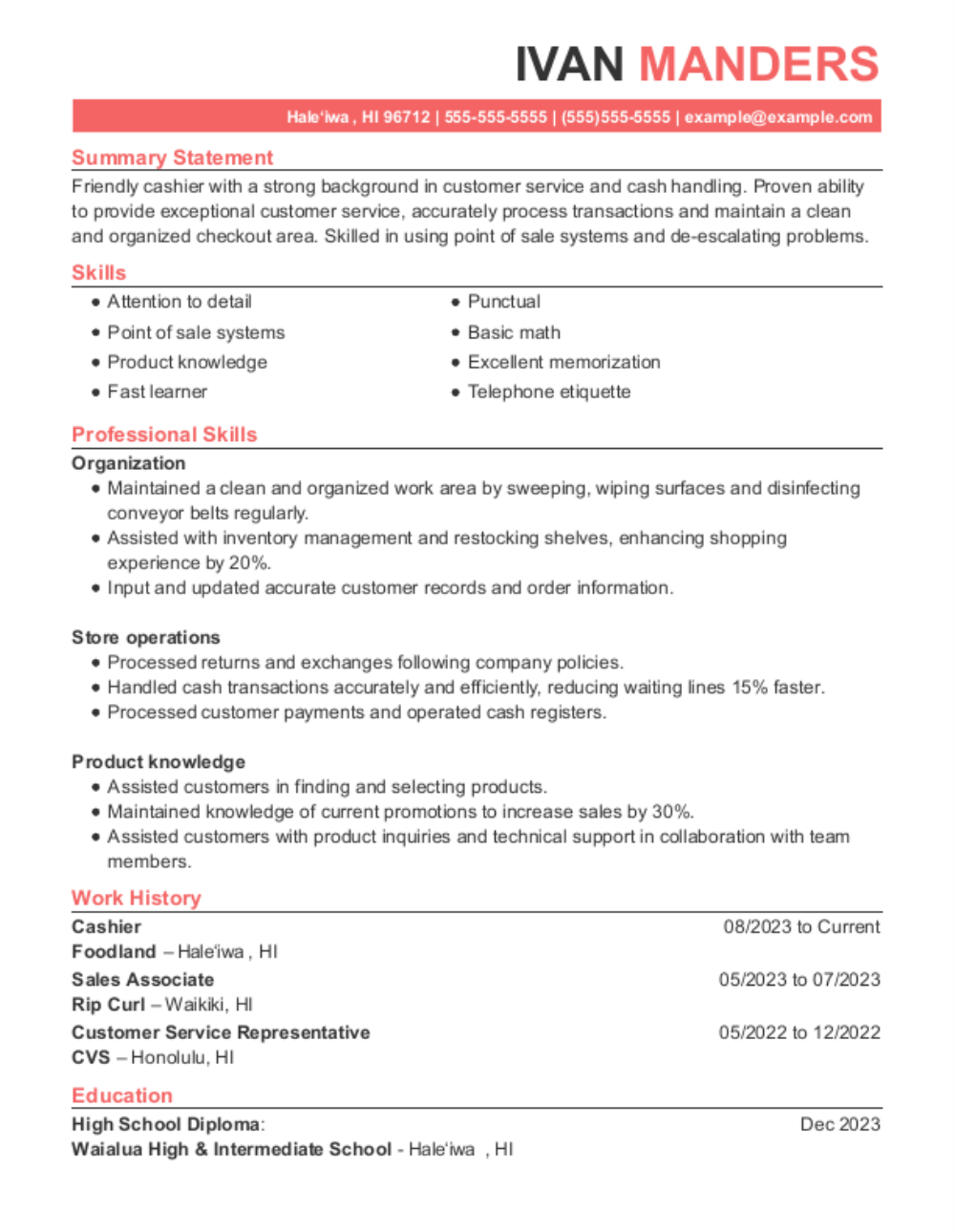 Cashier resume example