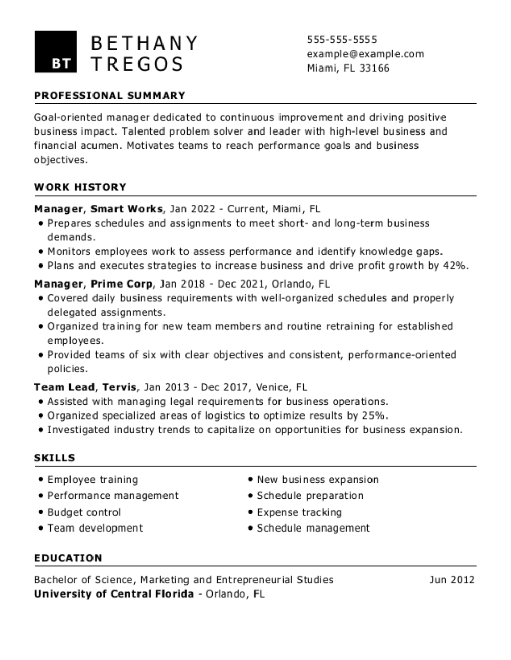 Manager resume example