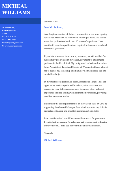 Two column blue cover letter