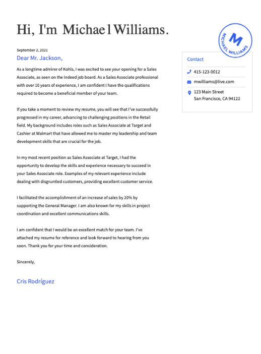 One page blue cover letter