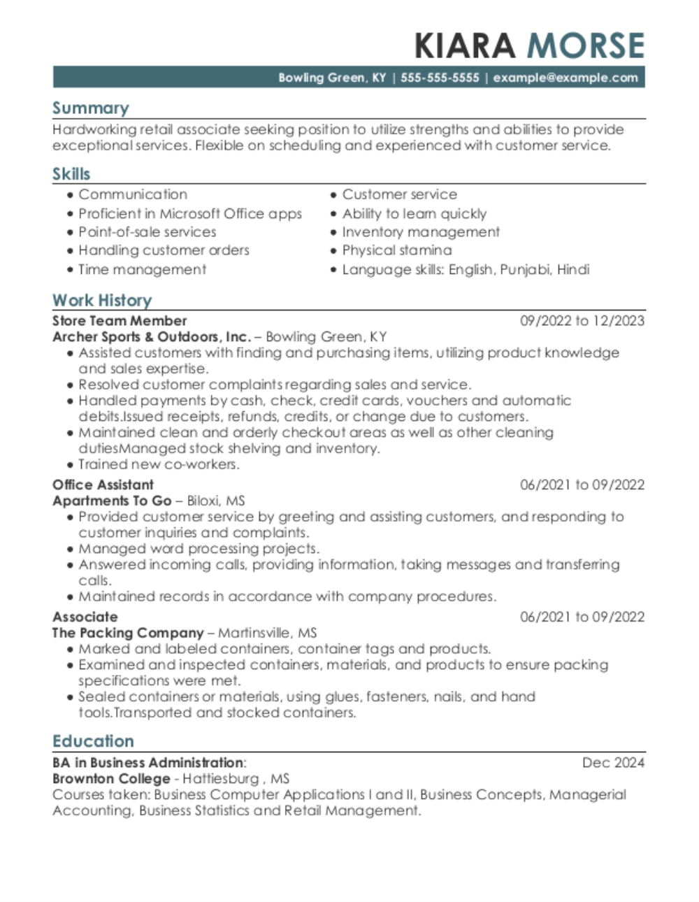 Tim Hortons Team Member Resume Example