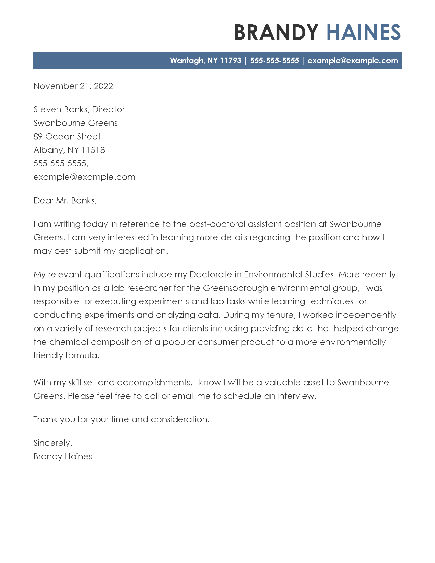 Postdoc Cover Letter Example