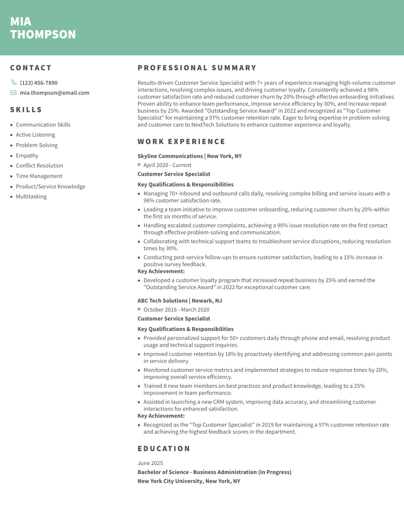 Customer service resume example