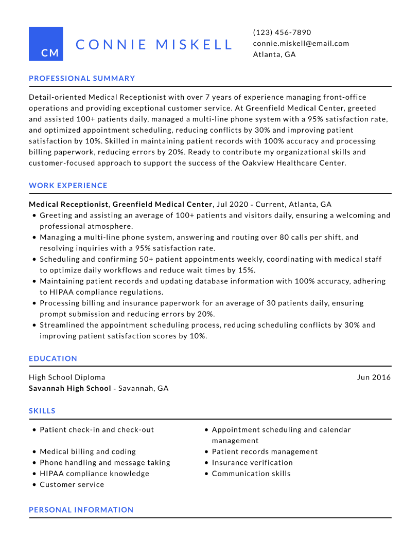Receptionist resume example