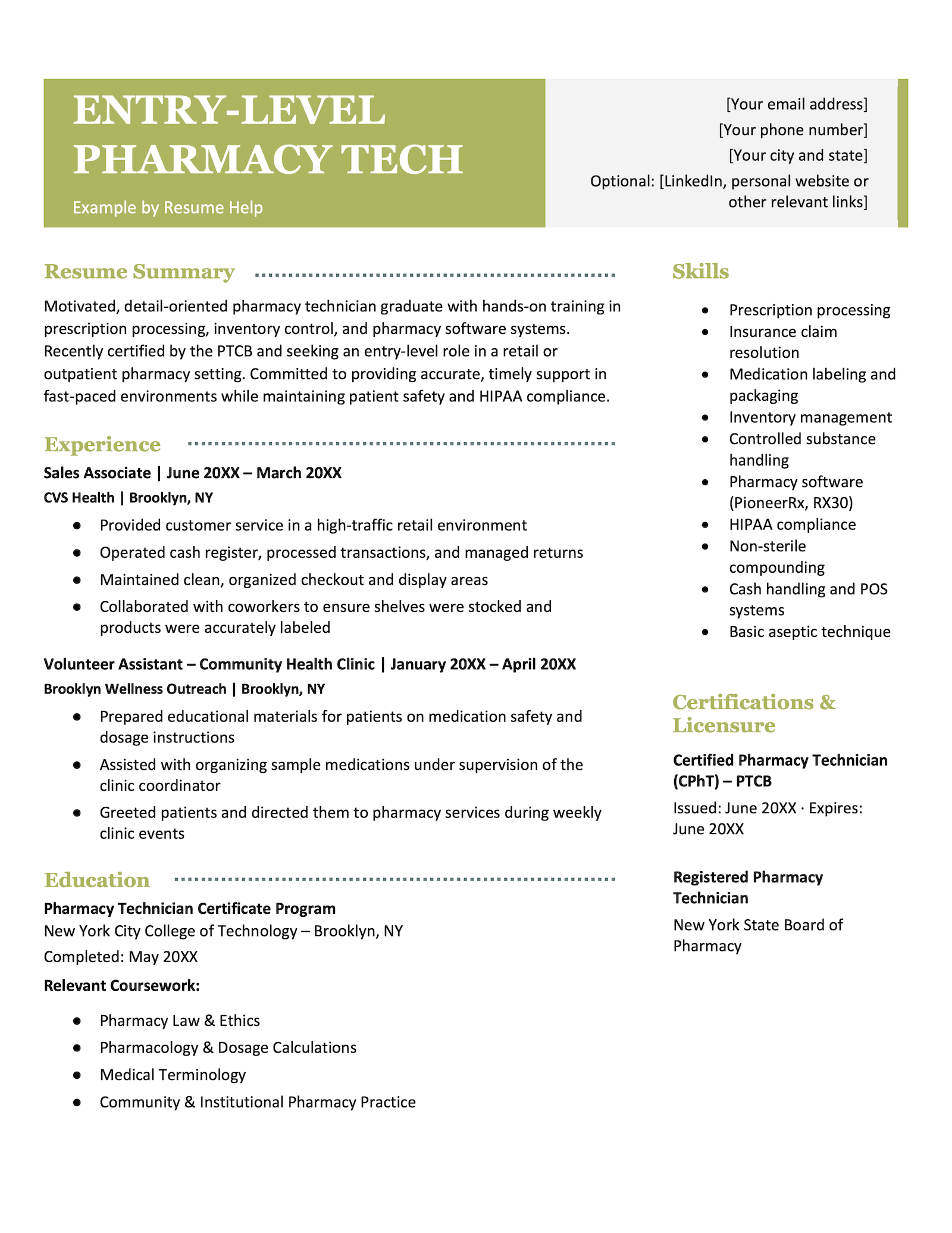 Entry-Level Pharmacy Technician Resume Example