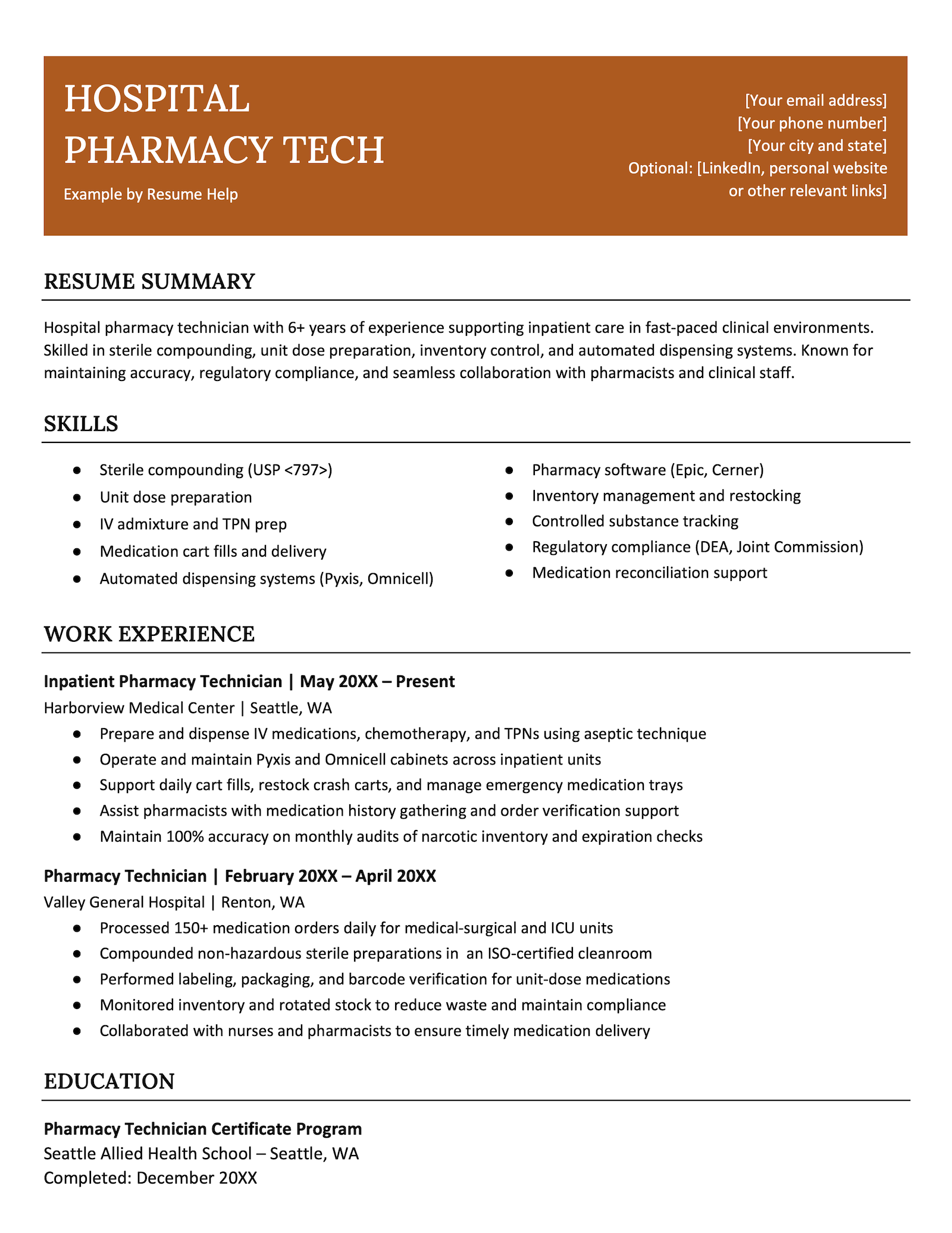Hospital Pharmacy Technician Resume Example
