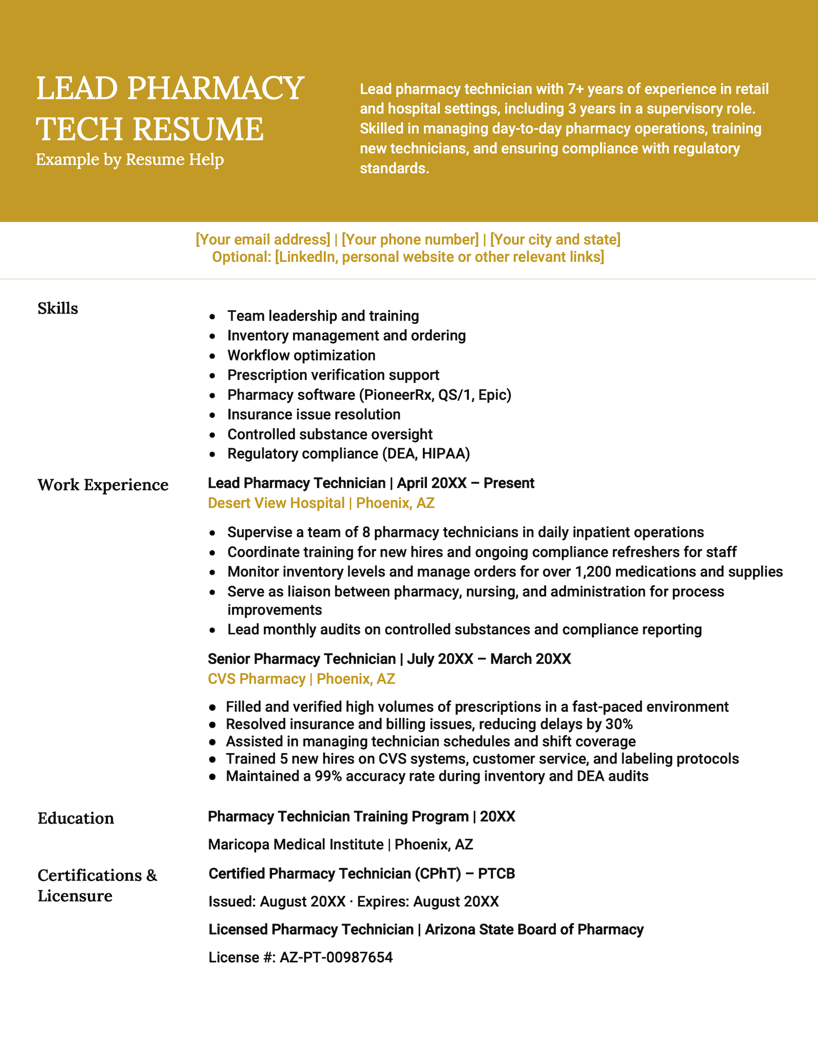 Lead Pharmacy Technician Resume Example