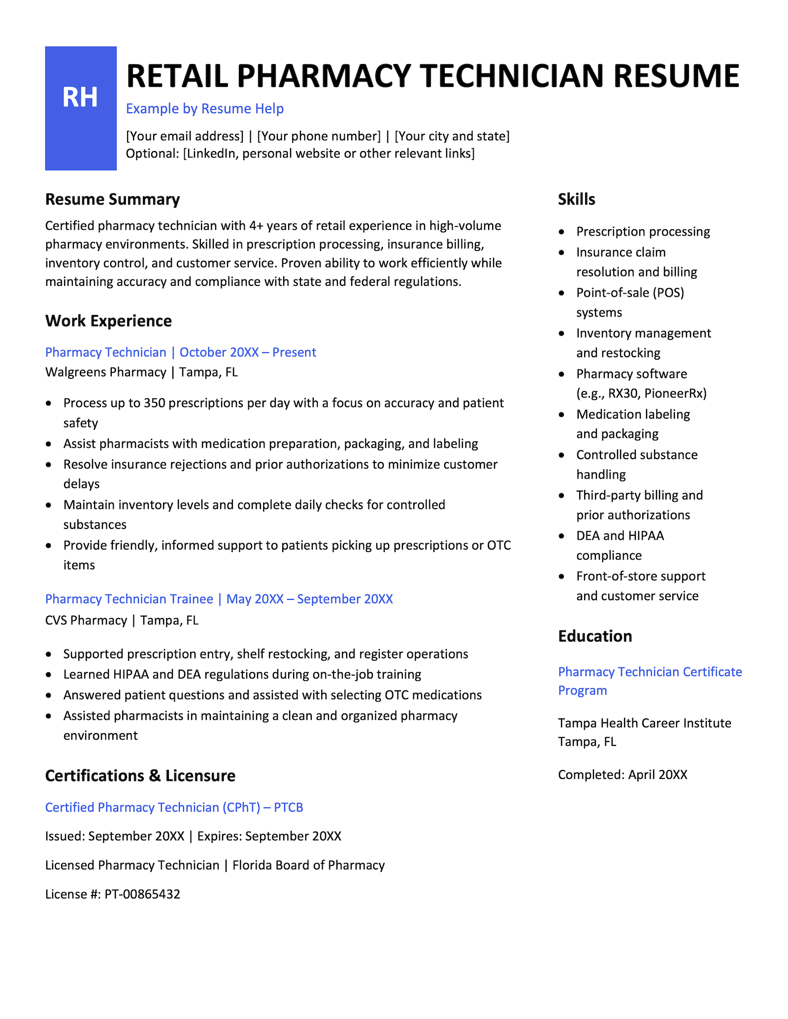 Retail Pharmacy Technician Resume Example