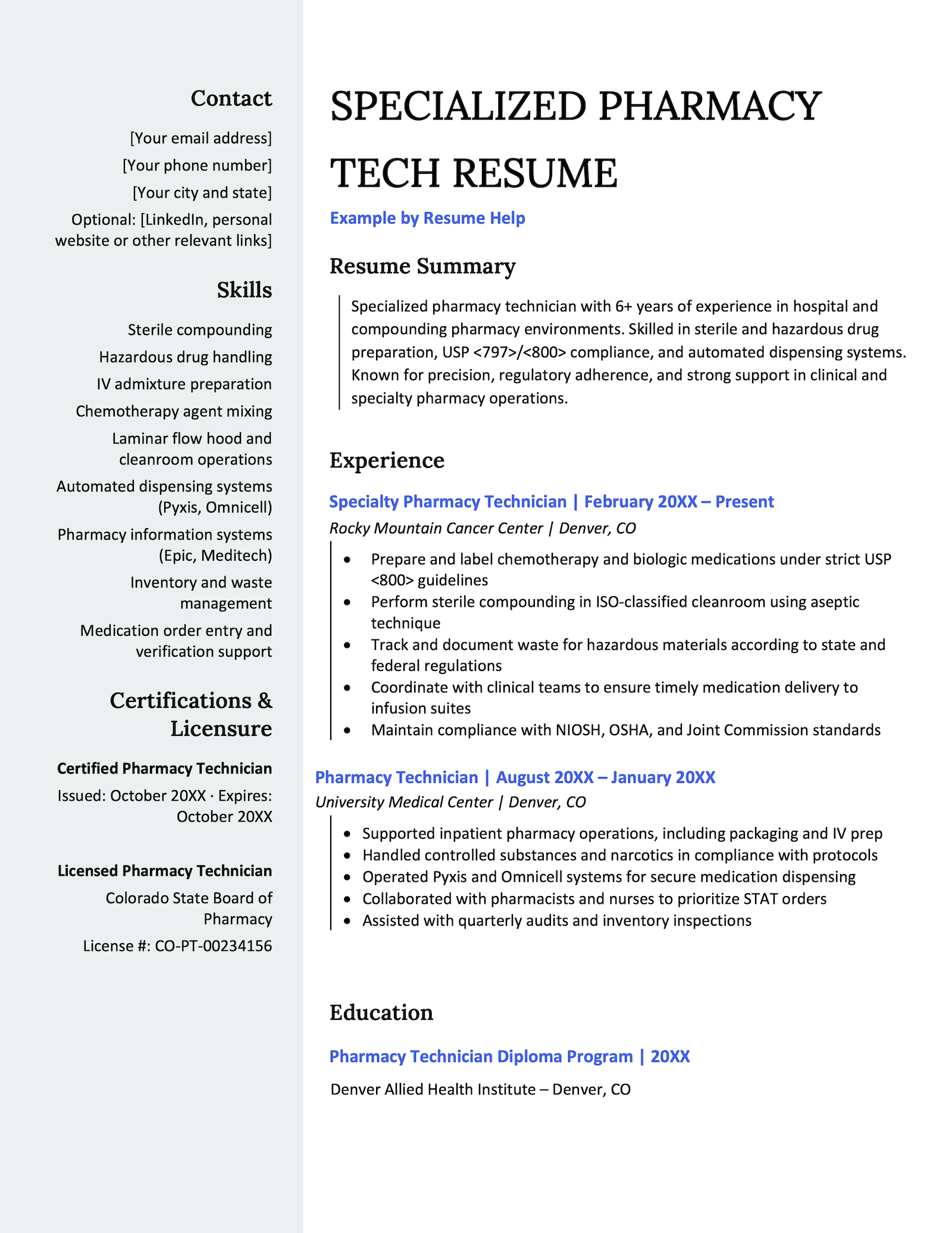 Specialized Pharmacy Technician Resume Example